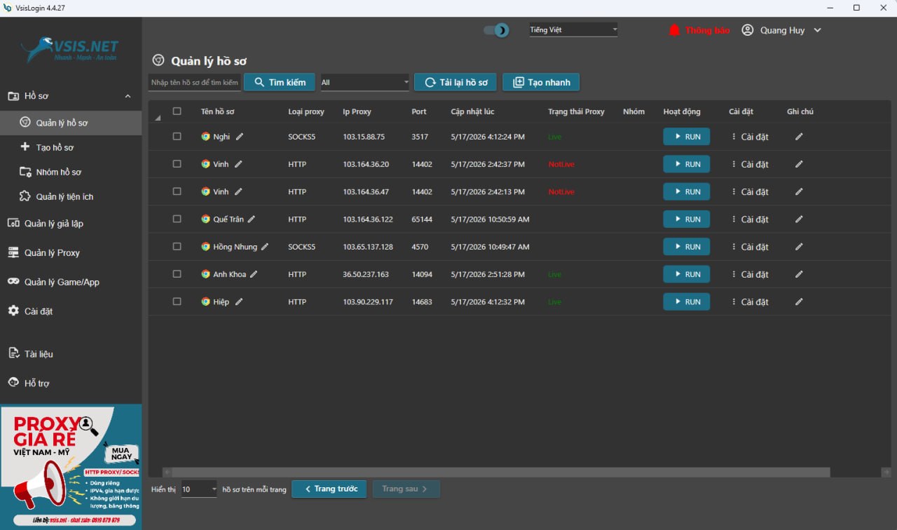 Quản lý hồ sơ — Dark theme