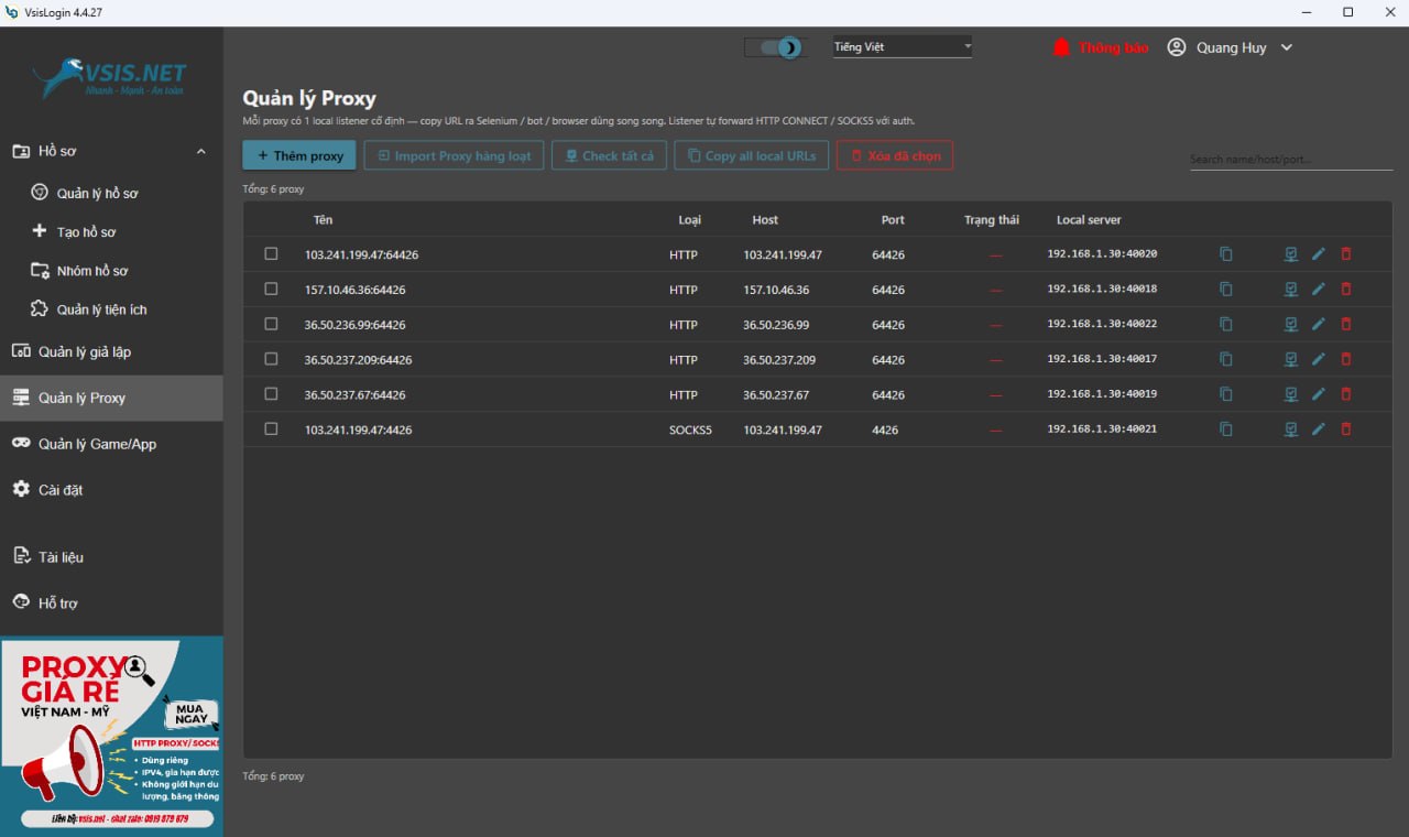Quản lý Proxy VsisLogin — Dark theme