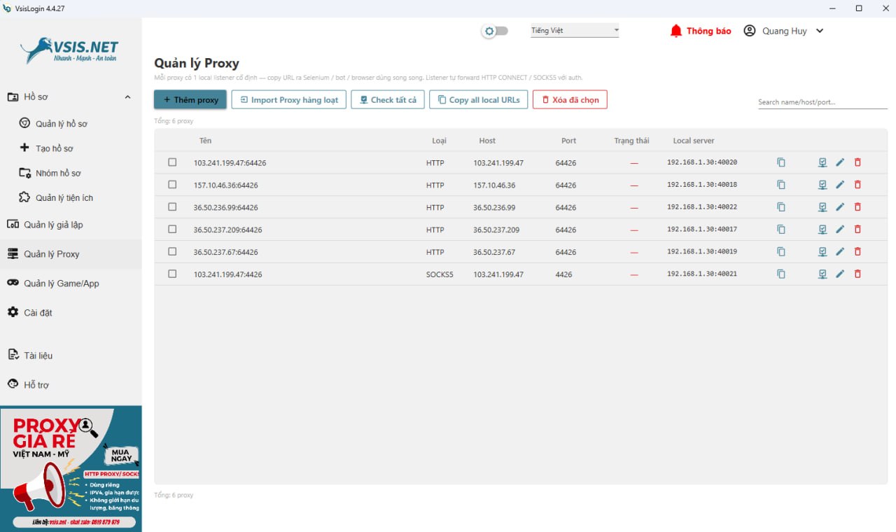 Quản lý Proxy VsisLogin — Light theme