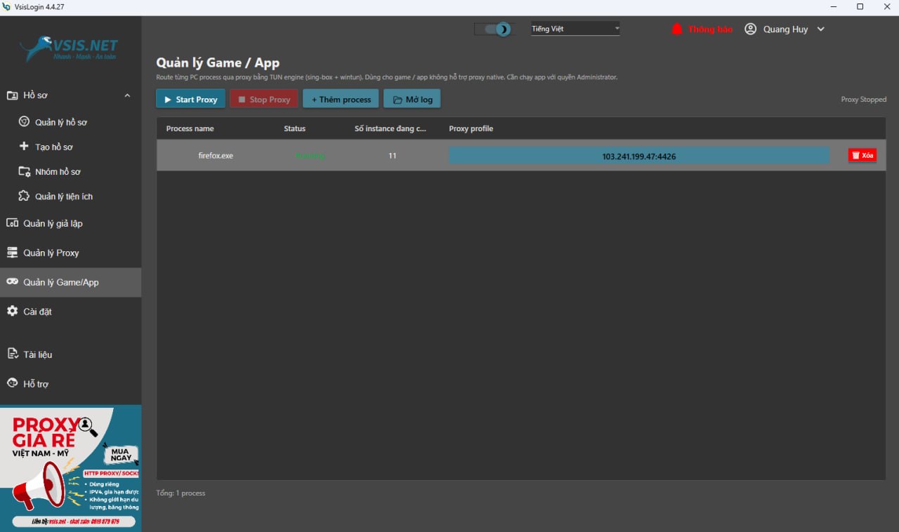 Quản lý Game/App TUN routing — Dark theme