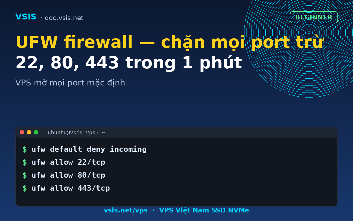 UFW firewall — chặn mọi port trừ 22, 80, 443 trong 1 phút